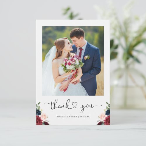 Burgundy Navy Floral Heart Script Wedding Photo Thank You Card