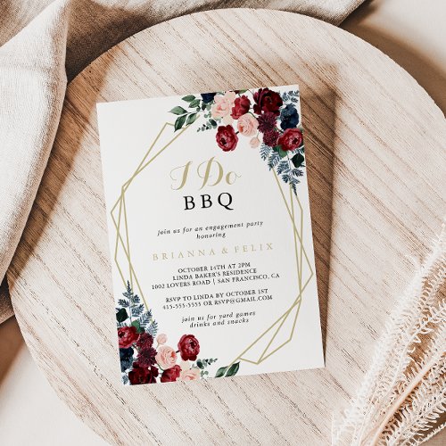 Burgundy Navy Floral I Do BBQ Engagement Party Invitation