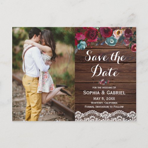 Burgundy Navy Floral Lace Wood Save the Date Photo Announcement Postcard
