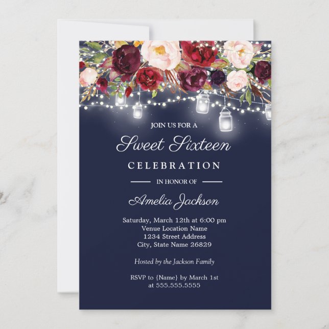 Burgundy Navy Floral Lights 16th Sweet Sixteen Invitation (Front)