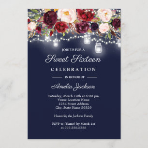 Burgundy Navy Floral Lights 16th Sweet Sixteen Invitation