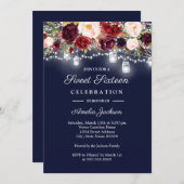 Burgundy Navy Floral Lights 16th Sweet Sixteen Invitation (Front/Back)