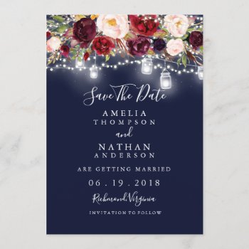 Burgundy Navy Floral Lights Wedding Save The Date by LittleBayleigh at Zazzle