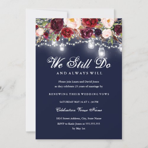 Burgundy Navy Floral Lights Wedding Vow Renewal Invitation