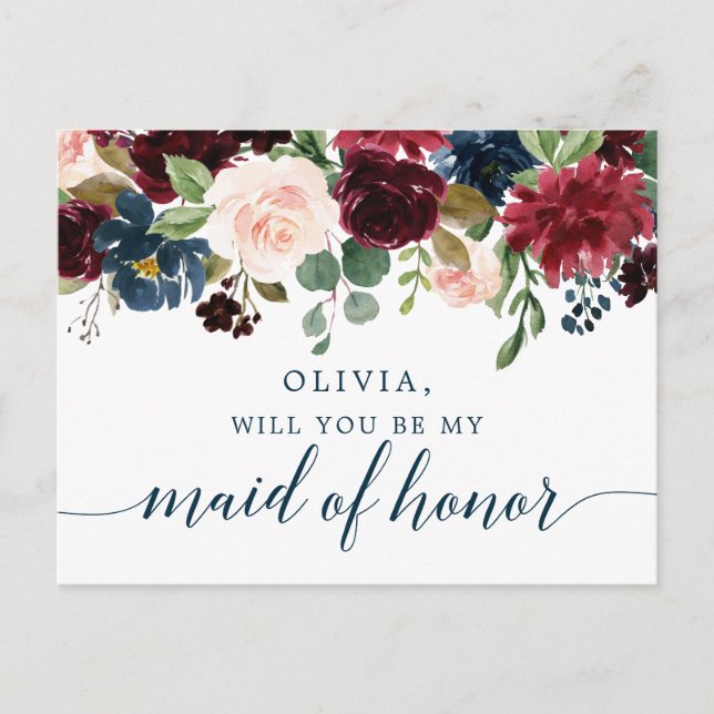 Burgundy Navy Floral Maid of Honor Proposal Card (Front)
