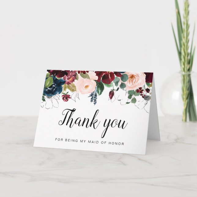 Burgundy navy floral Maid of Honor thank you card (Front)