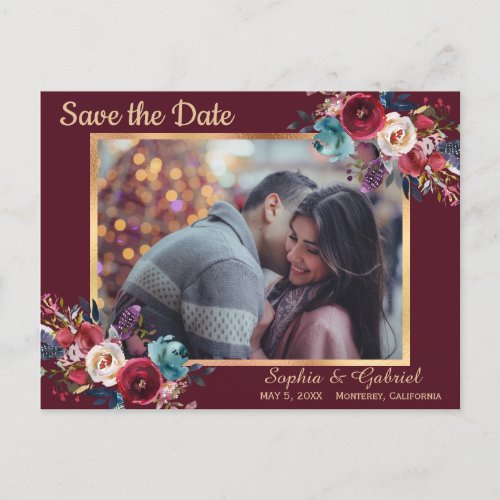 Burgundy Navy Floral Modern Photo Save the Date Announcement Postcard
