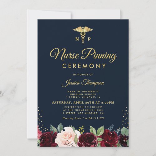 Burgundy navy floral Nurse pinning ceremony Invitation