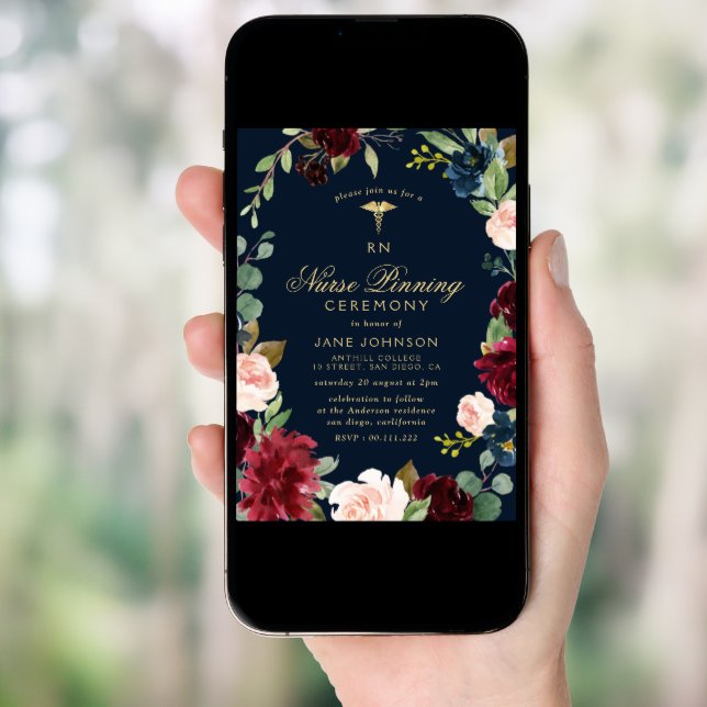 burgundy navy floral Nurse pinning ceremony Invitation (Front Digital)