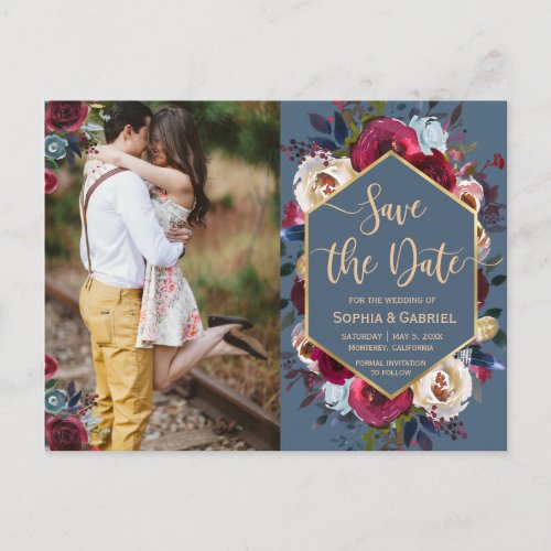 Burgundy Navy Floral on Blue Photo Save the Date Announcement Postcard