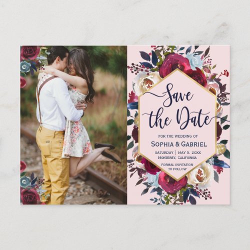 Burgundy Navy Floral on Blush Pink Save the Date Announcement Postcard