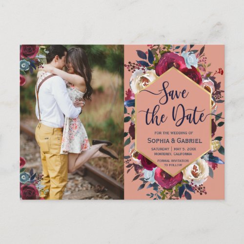 Burgundy Navy Floral on Coral Photo Save the Date Announcement Postcard