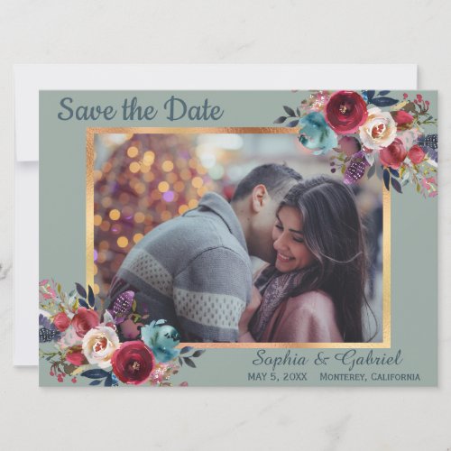 Burgundy Navy Floral on Green Photo Save the Date