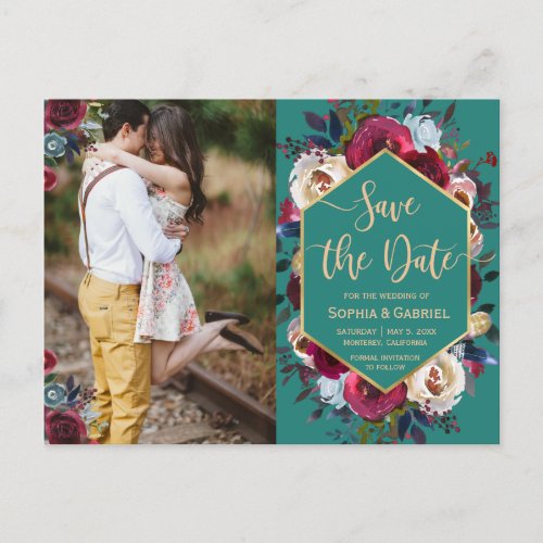 Burgundy Navy Floral on Green Photo Save the Date Announcement Postcard