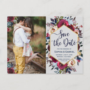 Burgundy Navy Floral on Grey Save the Date Announcement Postcard