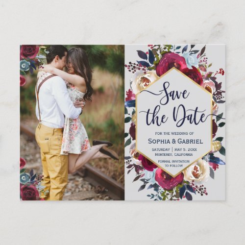Burgundy Navy Floral on Grey Save the Date Announcement Postcard