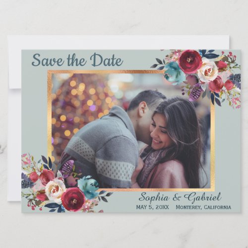 Burgundy Navy Floral on Mint Green Save the Date