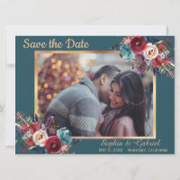 Burgundy Navy Floral on Teal | Photo Save the Date