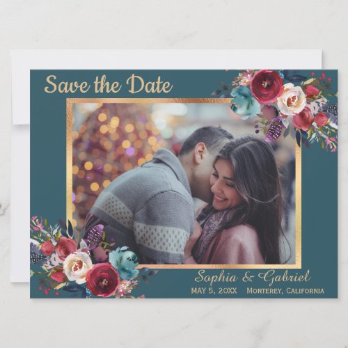 Burgundy Navy Floral on Teal  Photo Save the Date