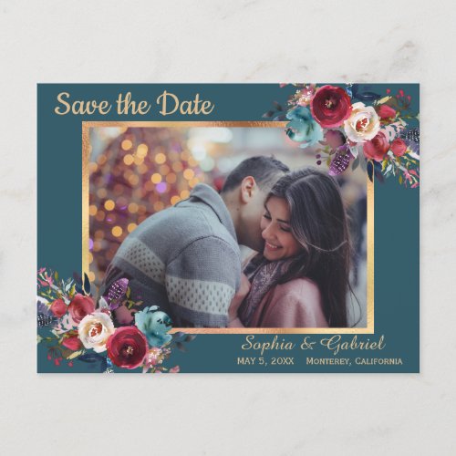 Burgundy Navy Floral on Teal  Photo Save the Date Announcement Postcard