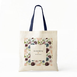Burgundy Navy Floral Pattern Custom Bridal Party Tote Bag