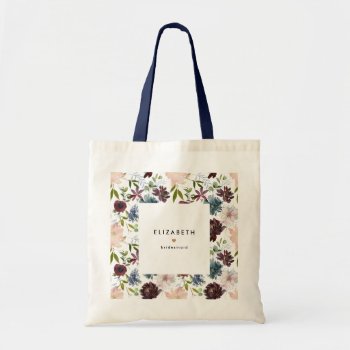 Burgundy Navy Floral Pattern Custom Bridal Party Tote Bag by PeachBloome at Zazzle