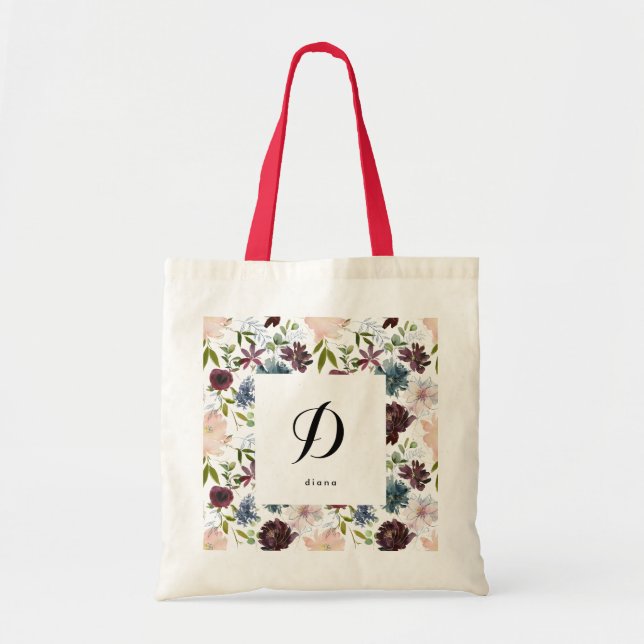 Burgundy Navy Floral Pattern Custom Name Initial Tote Bag (Front)