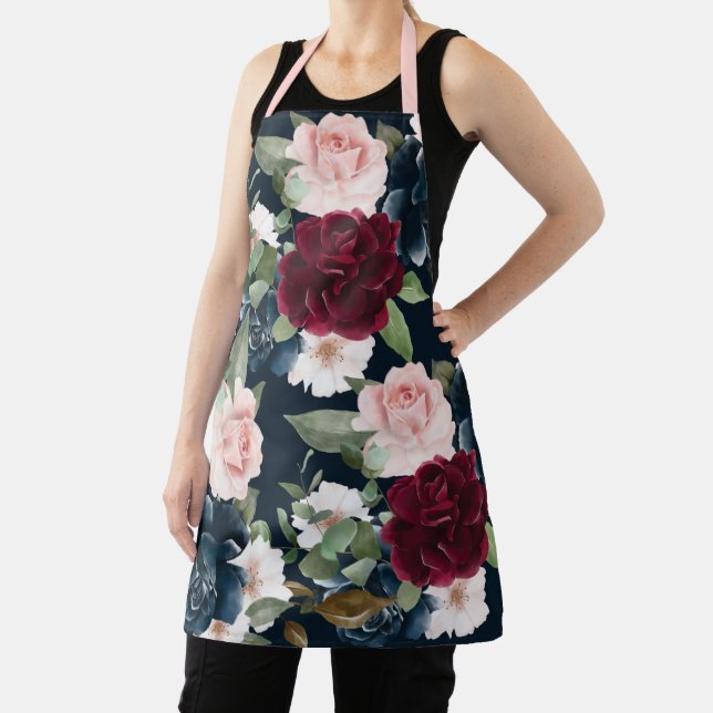 Burgundy & Navy Floral Pattern Monogram Navy Apron (Insitu)