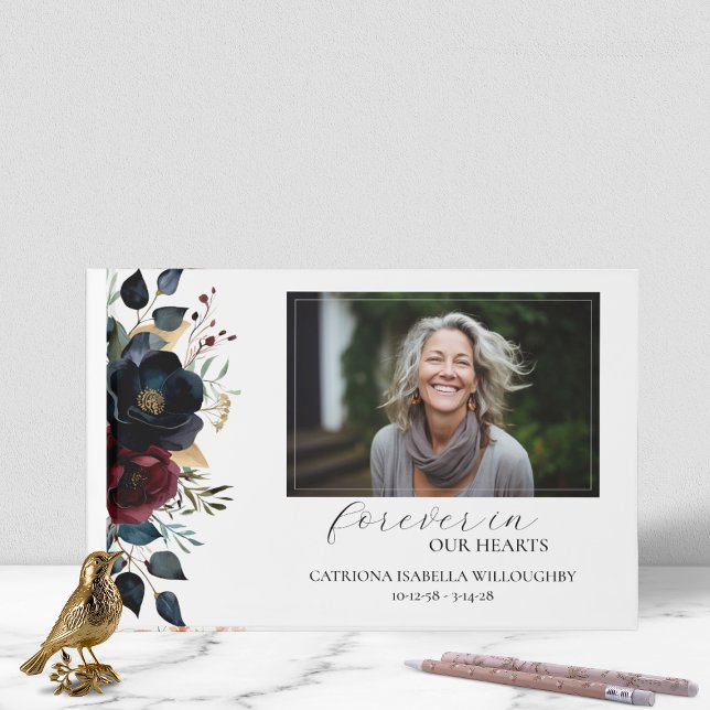 Burgundy Navy Floral Photo Funeral Memorial  Guest Book (Creator Uploaded)