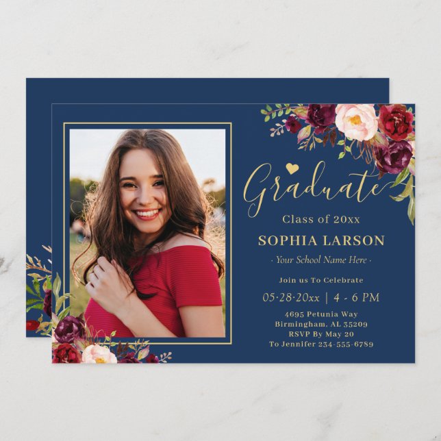 Burgundy Navy Floral Photo Graduation Celebration Invitation (Front/Back)