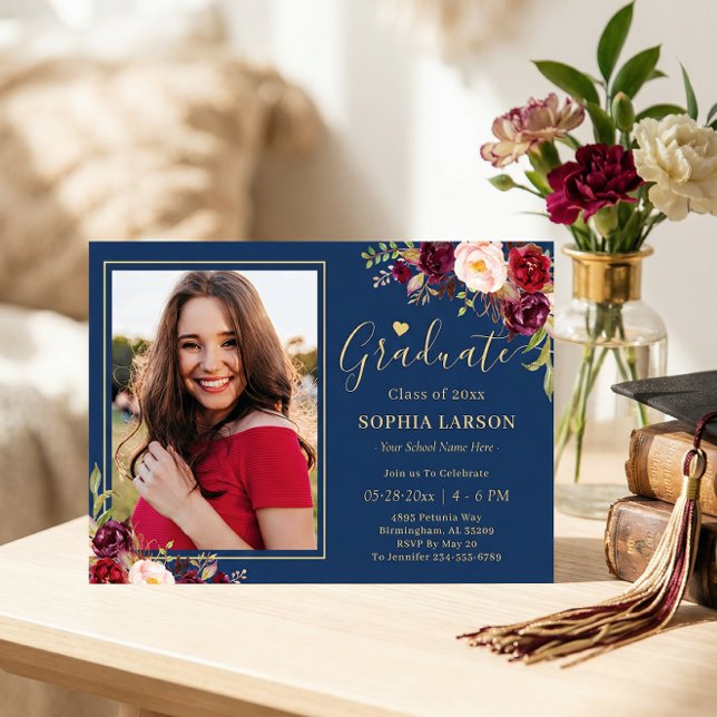 Burgundy Navy Floral Photo Graduation Celebration Invitation (Creator Uploaded)