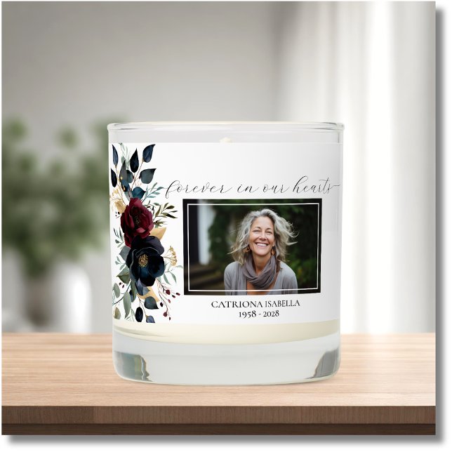 Burgundy Navy Floral Photo Memorial Funeral Scented Candle (Creator Uploaded)