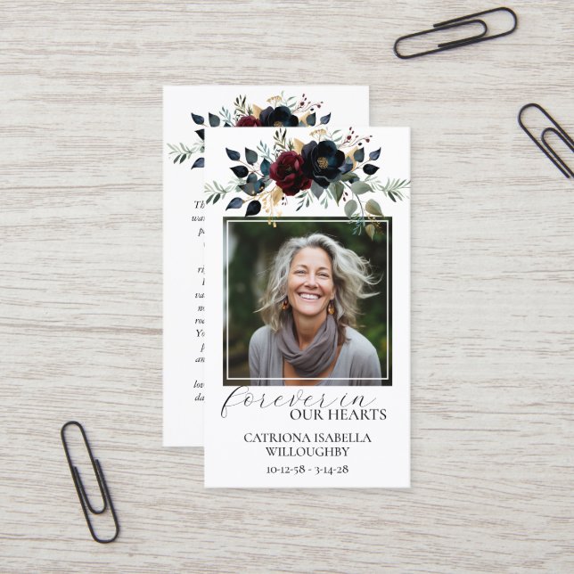 Burgundy Navy Floral Photo Memorial Prayer Card (Front/Back In Situ)