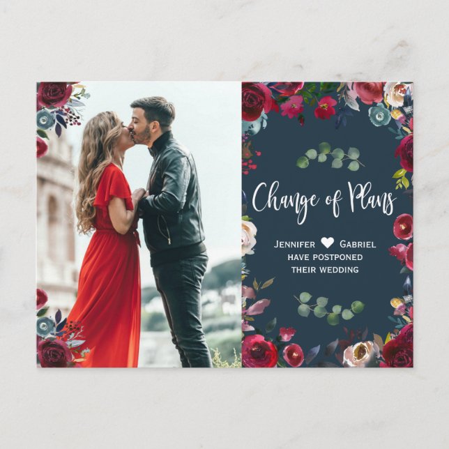 Burgundy Navy Floral Photo Postponed Wedding Announcement Postcard (Front)