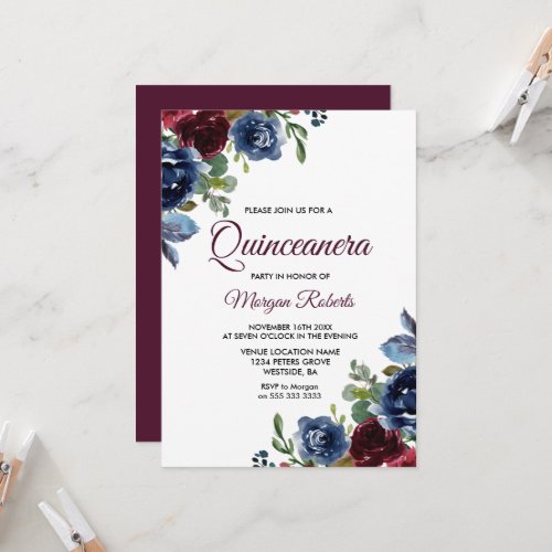 Burgundy  Navy Floral Quinceanera Party Invitation