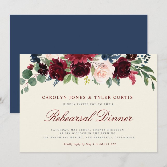 burgundy navy floral Rehearsal Dinner invitation (Front/Back)