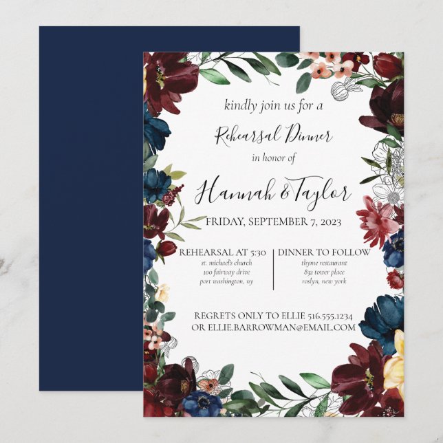 Burgundy Navy Floral Rehearsal Dinner Invitation (Front/Back)