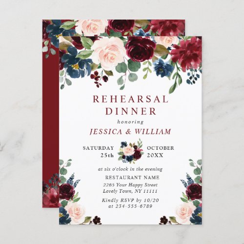 Burgundy Navy Floral REHEARSAL  DINNER Invitations