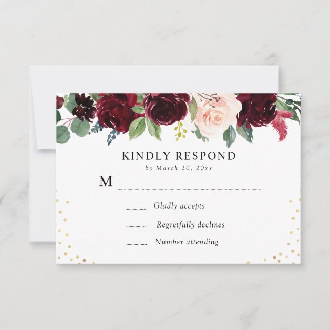 burgundy navy floral RSVP card (Front)
