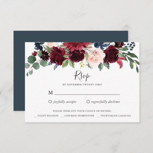 Burgundy Navy Floral RSVP Reply Card (Front/Back)