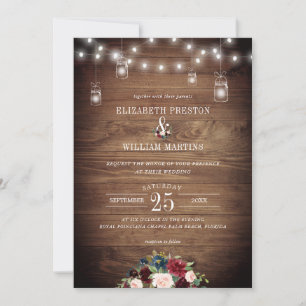 Burgundy Navy Floral Rustic Barn Wood Wedding Invitation