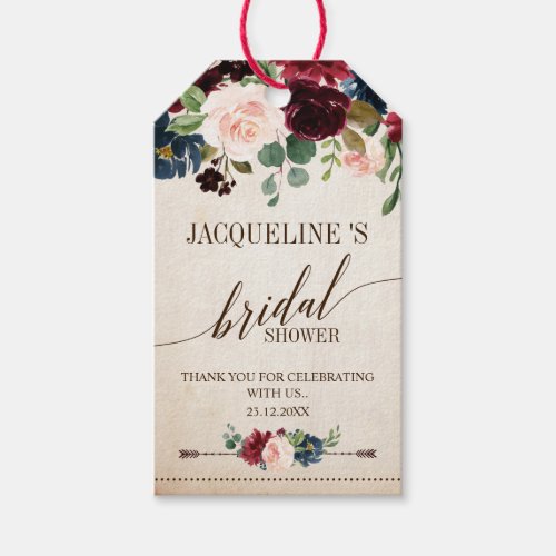 Burgundy Navy Floral Rustic Boho Bridal Shower Gift Tags