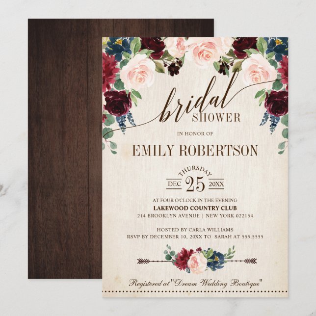 Burgundy Navy Floral Rustic Boho Bridal Shower Invitation (Front/Back)