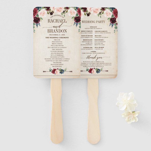Burgundy Navy Floral Rustic Boho Country Wedding Hand Fan (Front and Back)