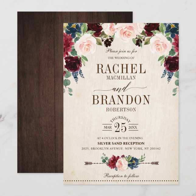 Burgundy Navy Floral Rustic Boho Country Wedding Invitation (Front/Back)