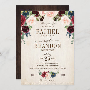 Burgundy Navy Floral Rustic Boho Country Wedding Invitation