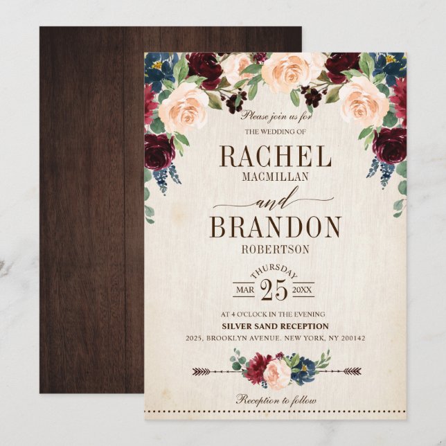 Burgundy Navy Floral Rustic Boho Country Wedding Invitation (Front/Back)