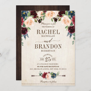 Burgundy Navy Floral Rustic Boho Country Wedding Invitation