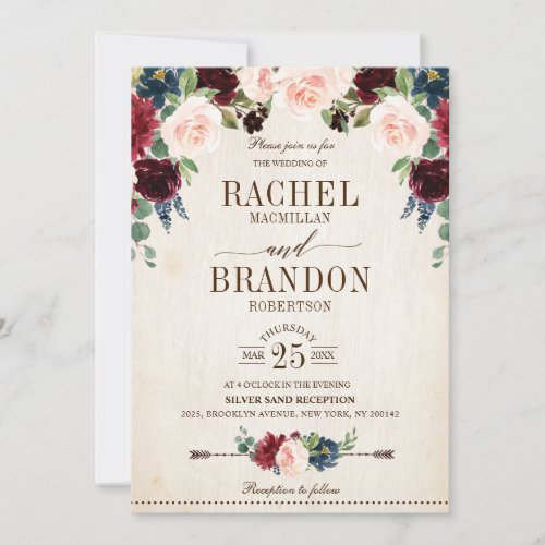 Burgundy Navy Floral Rustic Boho Country Wedding Invitation