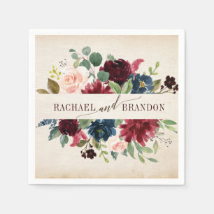 Burgundy Navy Floral Rustic Boho Country Wedding Napkins